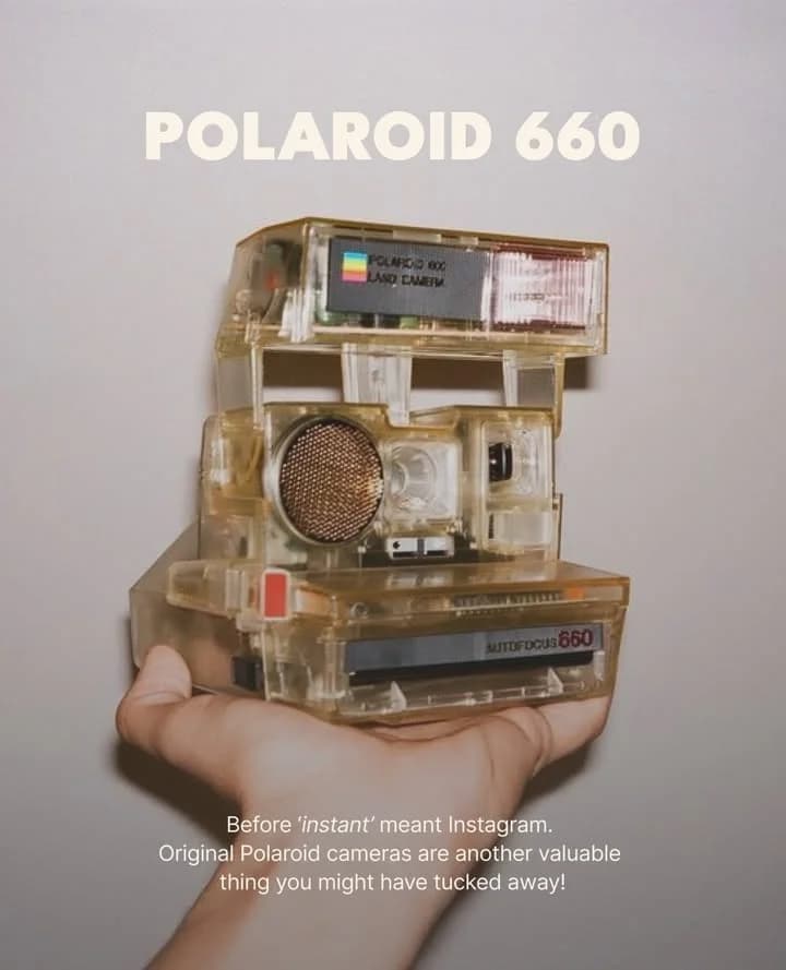 Instagram post: Polaroid 660, a transparent vintage instant camera held in a hand